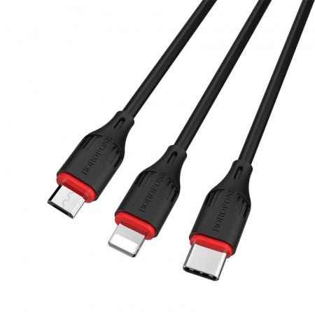 Кабель 3 в 1 Borofone BX17 Enjoy, lightning, micro USB, USB Type-C, черный 1 м