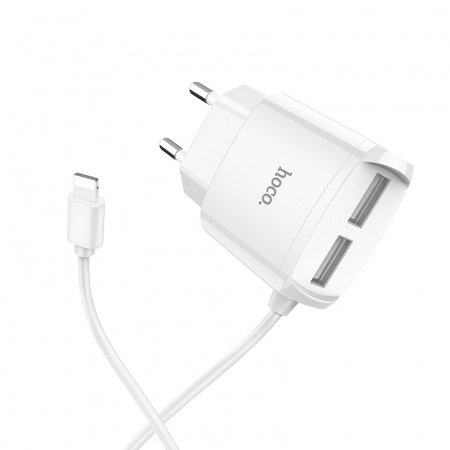 Зарядное устройство HOCO C59A, 2.4A, белый, lightning, двойной порт, быстрая зарядка
